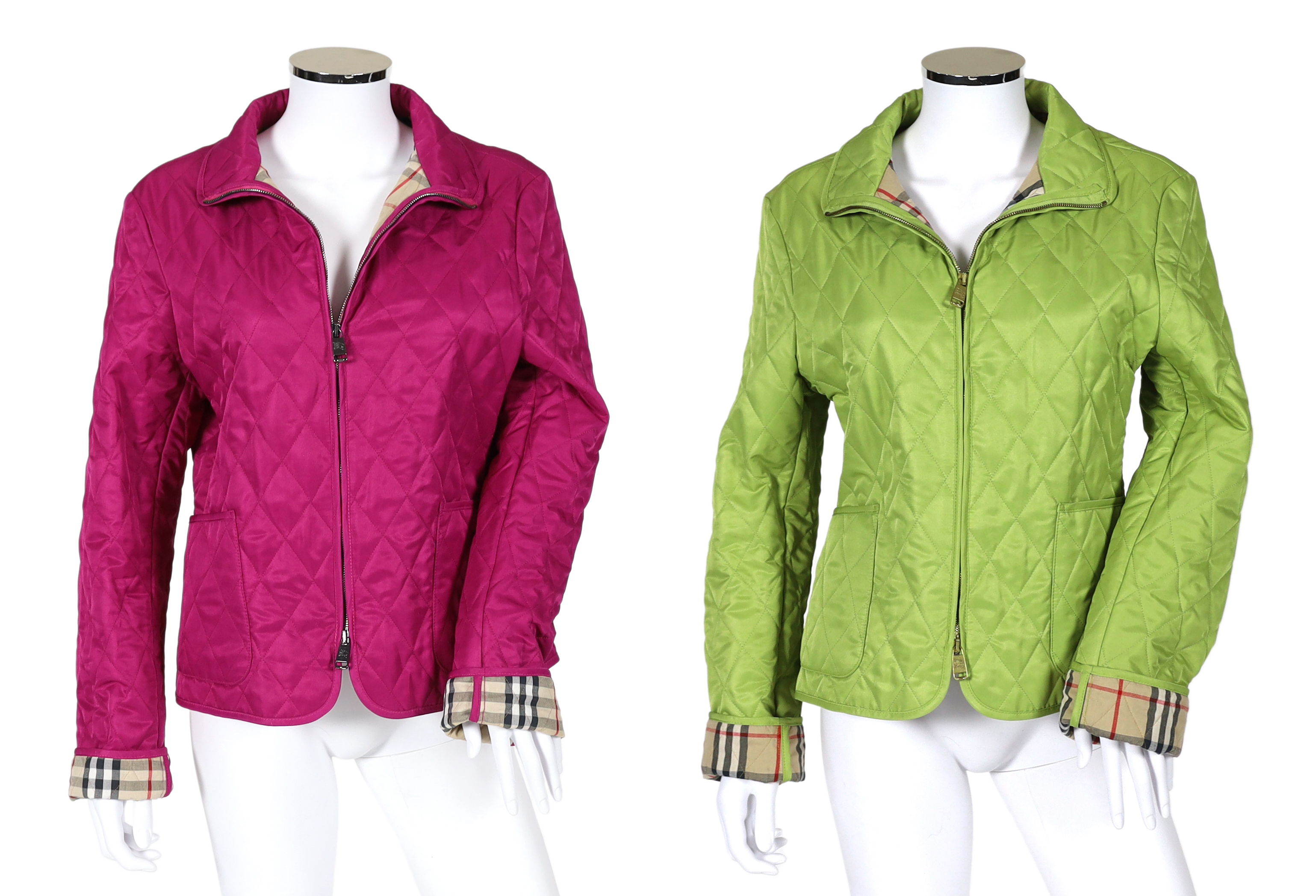 Two Burberry lady's quilted jackets, one pink and the other green, size Medium